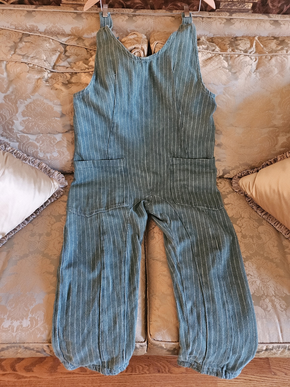 NWOT We The Free Green Pinstripe Linen-Blend Overalls Jumpsuit - Picture 2 of 16